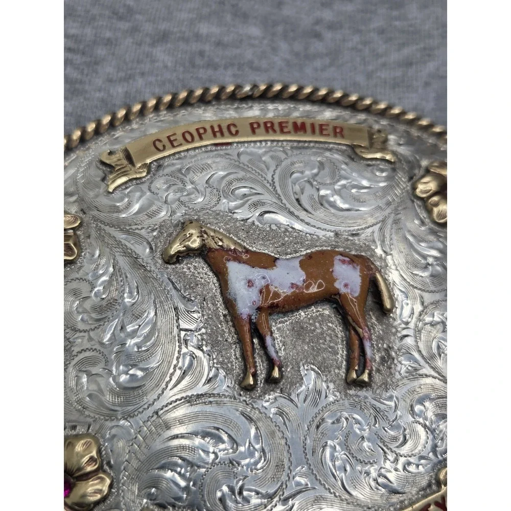 Vintage 1984 Carlos Silver Yearling Futurity Equestrian Horse Belt Buckle Large
